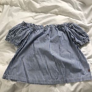 Blue and white striped off the shoulder top